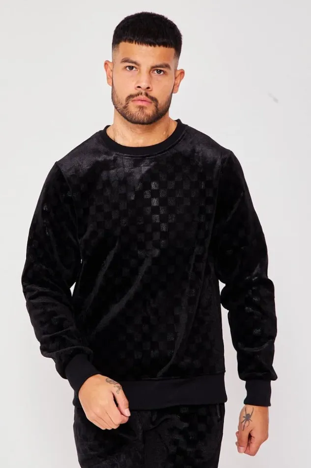 Men Sweatshirt With Checkerboard Pattern In Black Velvet Black Brentiny Paris Sweatshirts and Pullovers