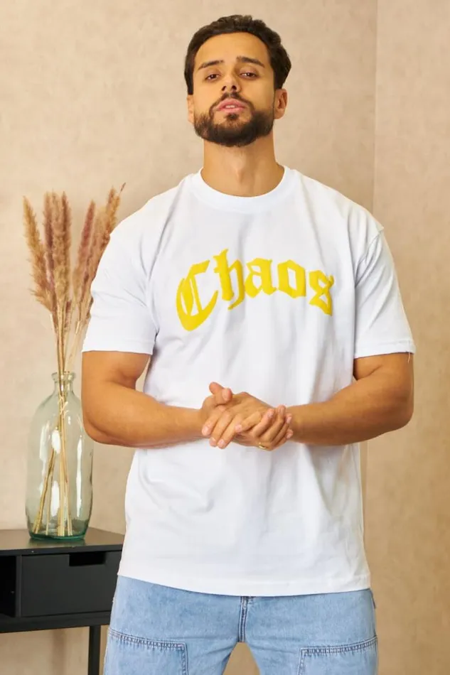 Men TShirt Blanc Inscription 034Chaos 034 White Brentiny Paris TShirts