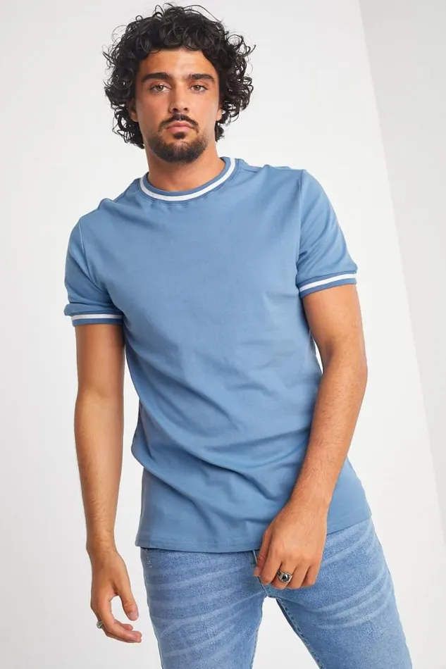 Men TShirt Bleu Col Rond Bandes Blanches Blue Brentiny Paris TShirts