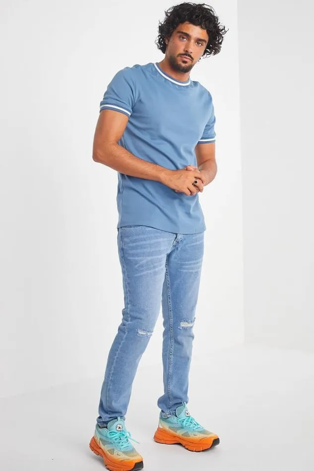 Men TShirt Bleu Col Rond Bandes Blanches Blue Brentiny Paris TShirts