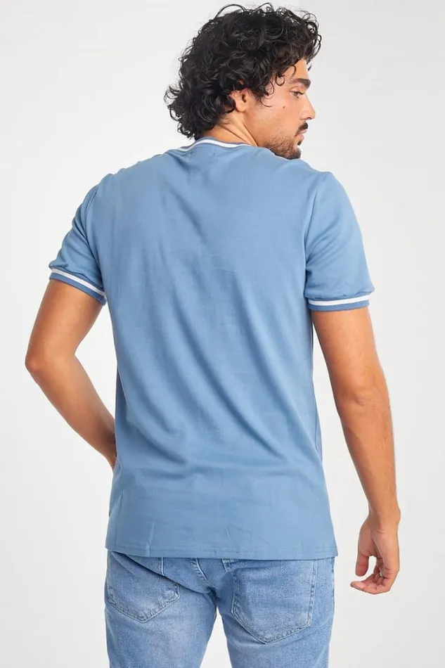 Men TShirt Bleu Col Rond Bandes Blanches Blue Brentiny Paris TShirts
