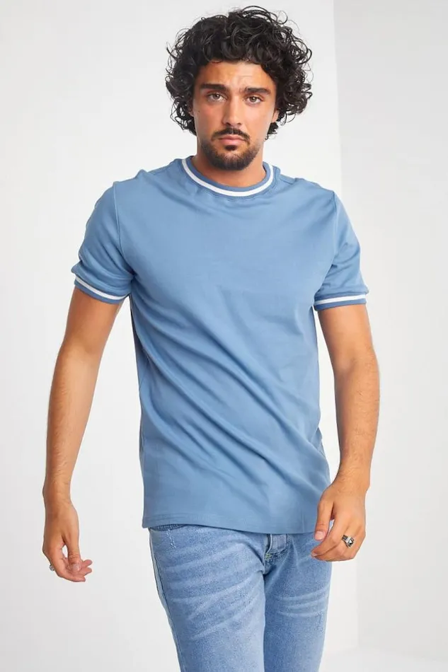 Men TShirt Bleu Col Rond Bandes Blanches Blue Brentiny Paris TShirts