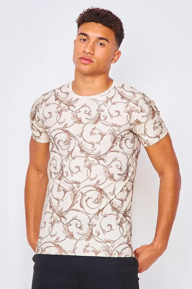 Men TShirt With Baroque Print In Beige Beige Brentiny Paris TShirts