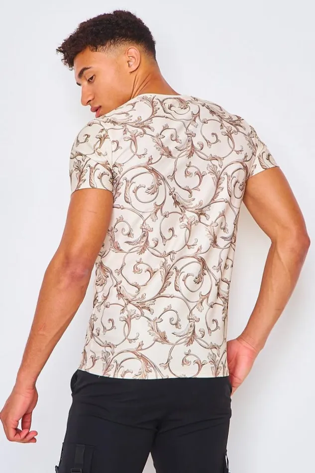 Men TShirt With Baroque Print In Beige Beige Brentiny Paris TShirts Men TShirt With Baroque Print In Beige Beige Brentiny Paris TShirts