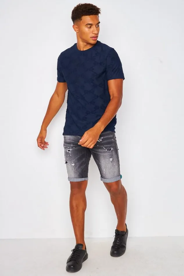 Men TShirt With Textured Bb Pattern In Navy Blue Blue Brentiny Paris TShirts