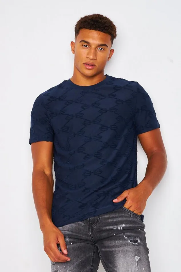 Men TShirt With Textured Bb Pattern In Navy Blue Blue Brentiny Paris TShirts