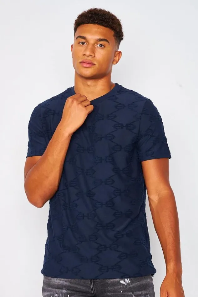 Men TShirt With Textured Bb Pattern In Navy Blue Blue Brentiny Paris TShirts