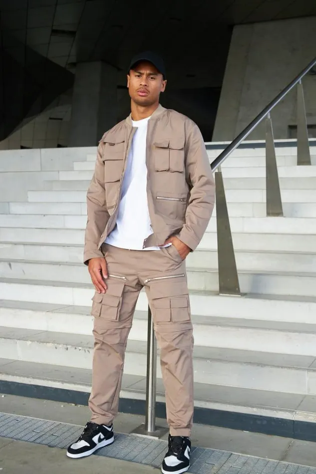 Men Veste Col Bomber Poches Multiples Beige Fonc Darkbeige Brentiny Paris Jackets