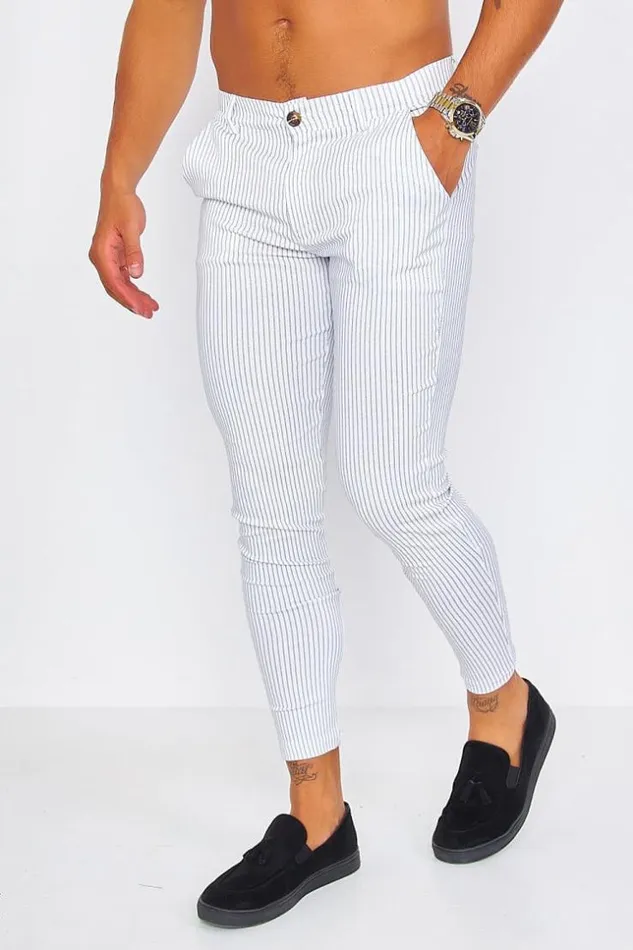 Men White Chino Trousers With Black Dotted Stripes White Brentiny Paris Pants