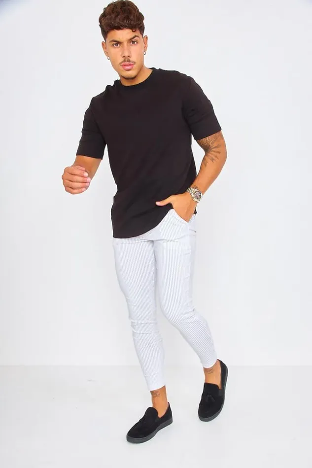 Men White Chino Trousers With Black Dotted Stripes White Brentiny Paris Pants