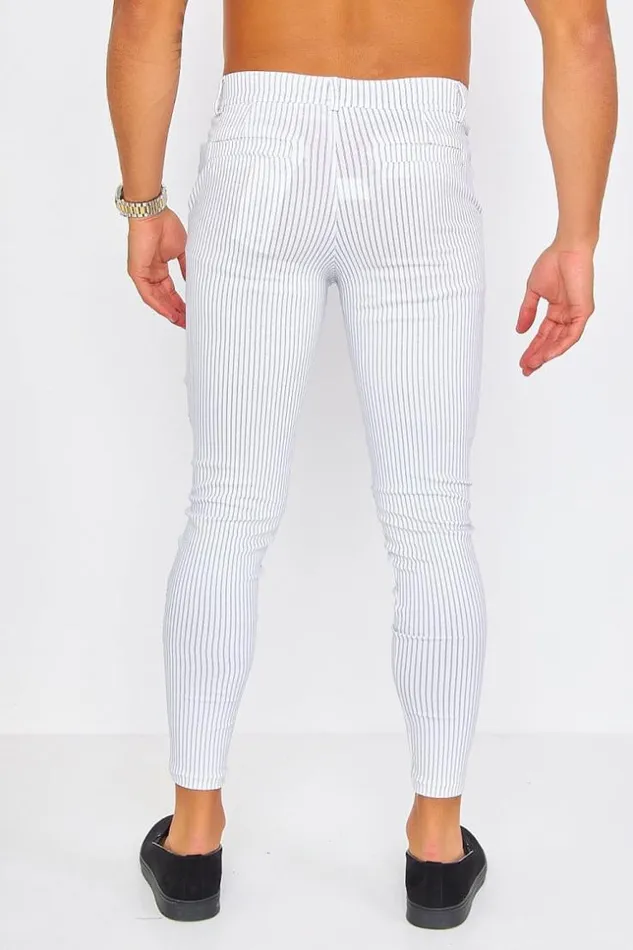 Men White Chino Trousers With Black Dotted Stripes White Brentiny Paris Pants