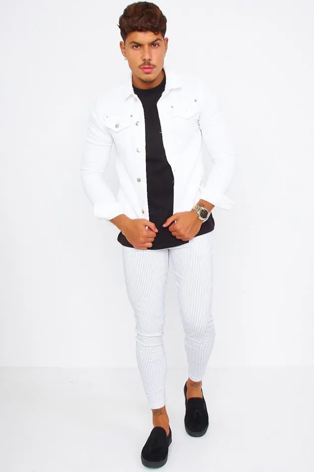 Men White Chino Trousers With Black Dotted Stripes White Brentiny Paris Pants