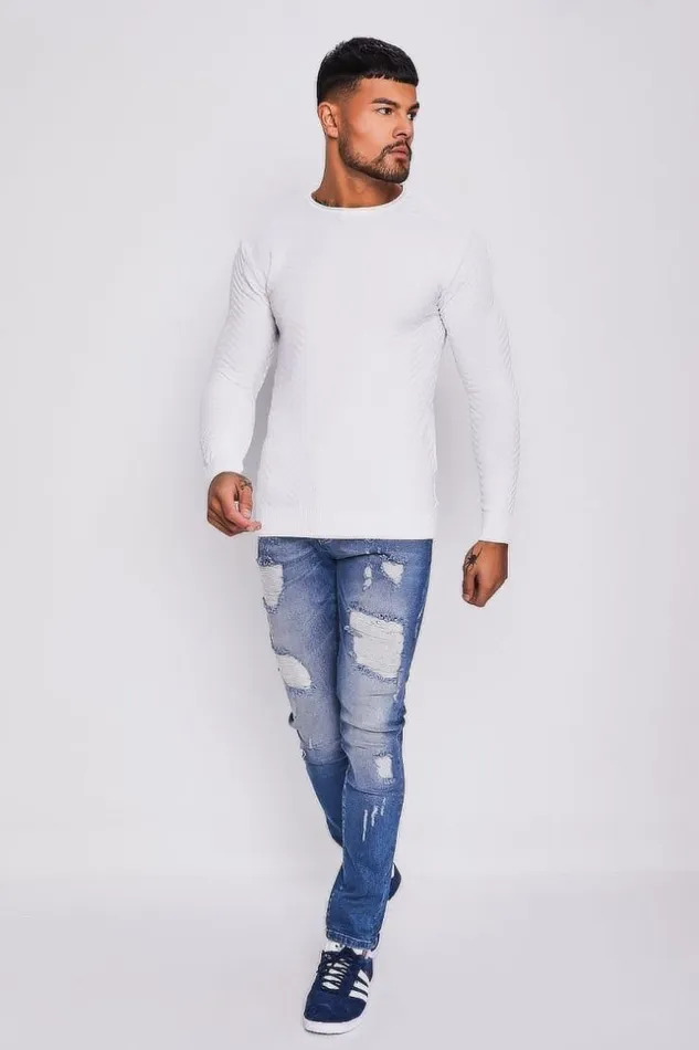 Men White Sweater With Embossed Chevron Pattern White Brentiny Paris Sweatshirts and Pullovers