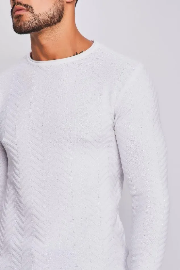 Men White Sweater With Embossed Chevron Pattern White Brentiny Paris Sweatshirts and Pullovers