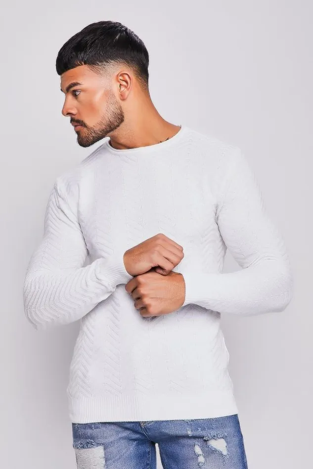 Men White Sweater With Embossed Chevron Pattern White Brentiny Paris Sweatshirts and Pullovers