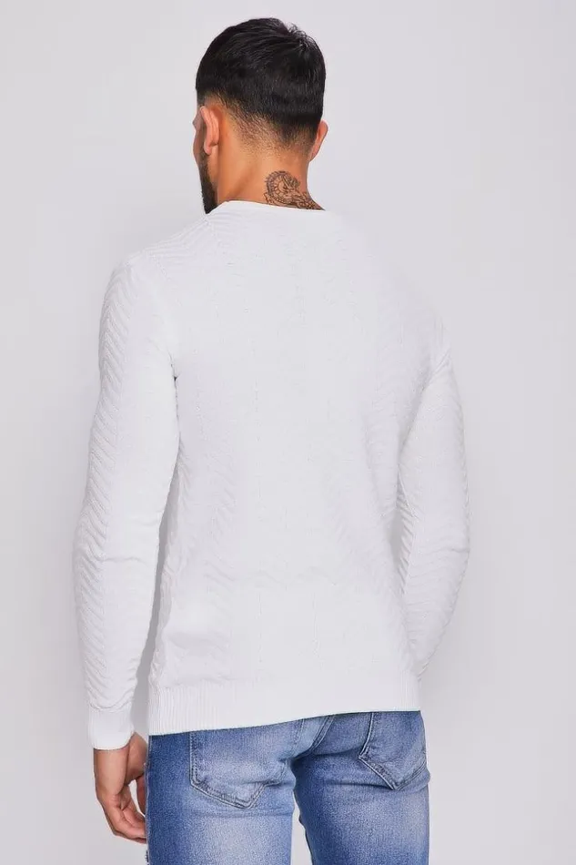 Men White Sweater With Embossed Chevron Pattern White Brentiny Paris Sweatshirts and Pullovers