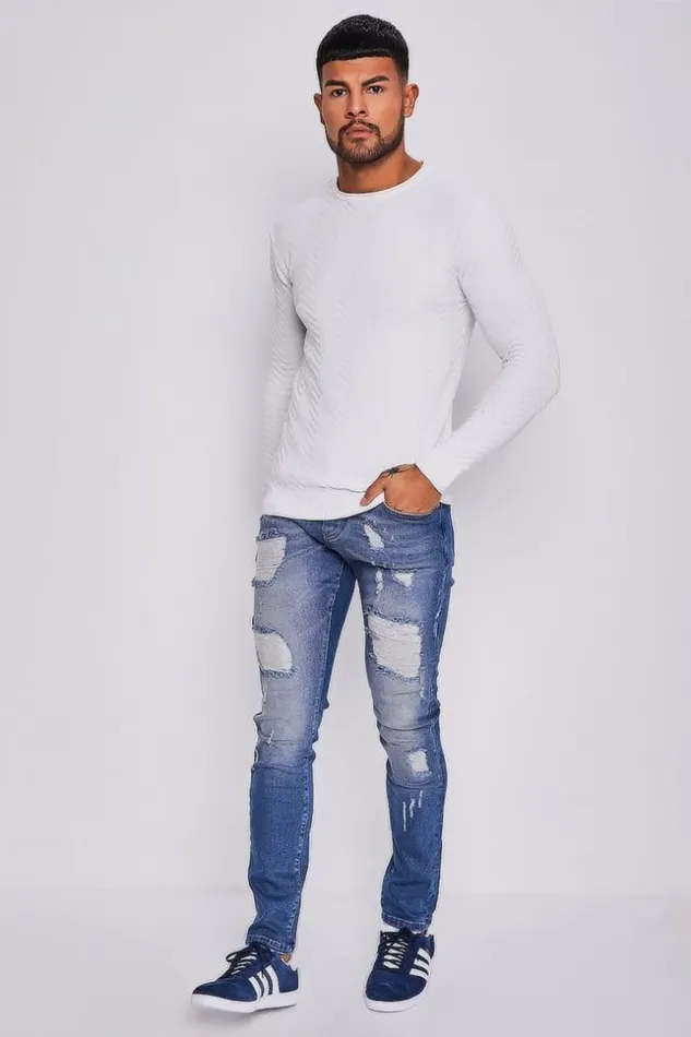 Men White Sweater With Embossed Chevron Pattern White Brentiny Paris Sweatshirts and Pullovers
