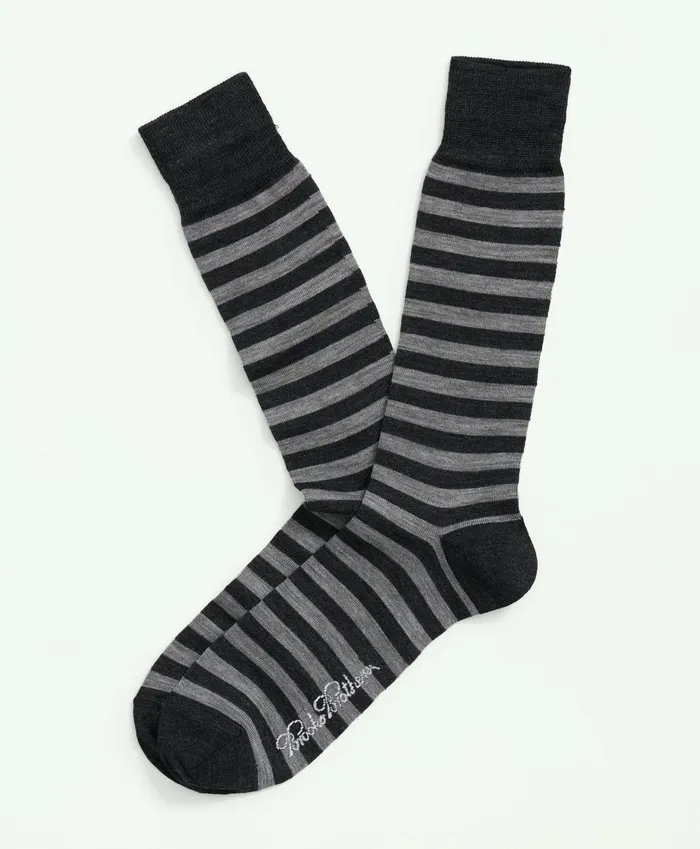 Men Wool Blend Feeder Stripe Socks Light Grey Brooks Brothers Sock