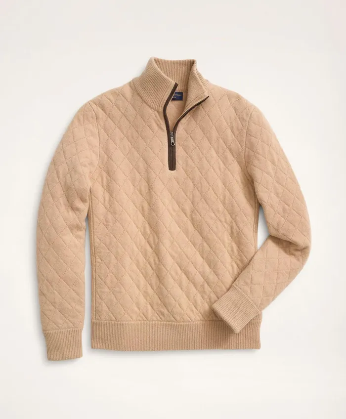 Men Wool Cashmere Quilted HalfZip Camel Brooks Brothers Sweaters
