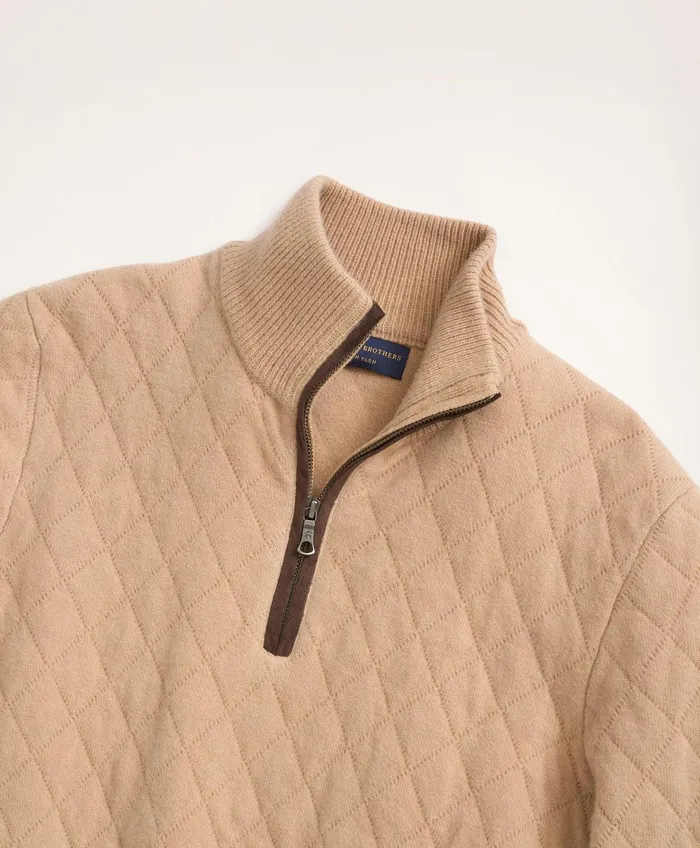 Men Wool Cashmere Quilted HalfZip Camel Brooks Brothers Sweaters