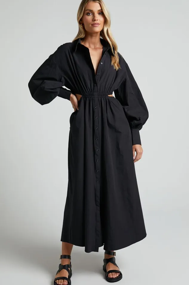 Merabelle Midi Dress 8211 Side Cut Out Collared Long Sleeve Shirt Dress In Black Women Showpo Curve Clothes Merabelle Midi Dress 8211 Side Cut Out Collared Long Sleeve Shirt Dress In Black Women Showpo Curve Clothes