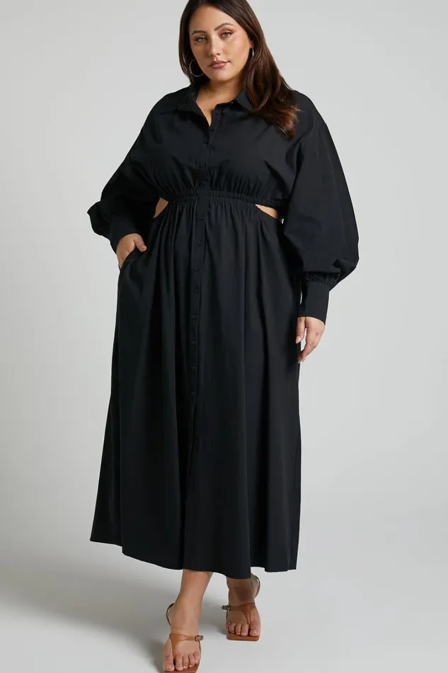 Merabelle Midi Dress 8211 Side Cut Out Collared Long Sleeve Shirt Dress In Black Women Showpo Curve Clothes