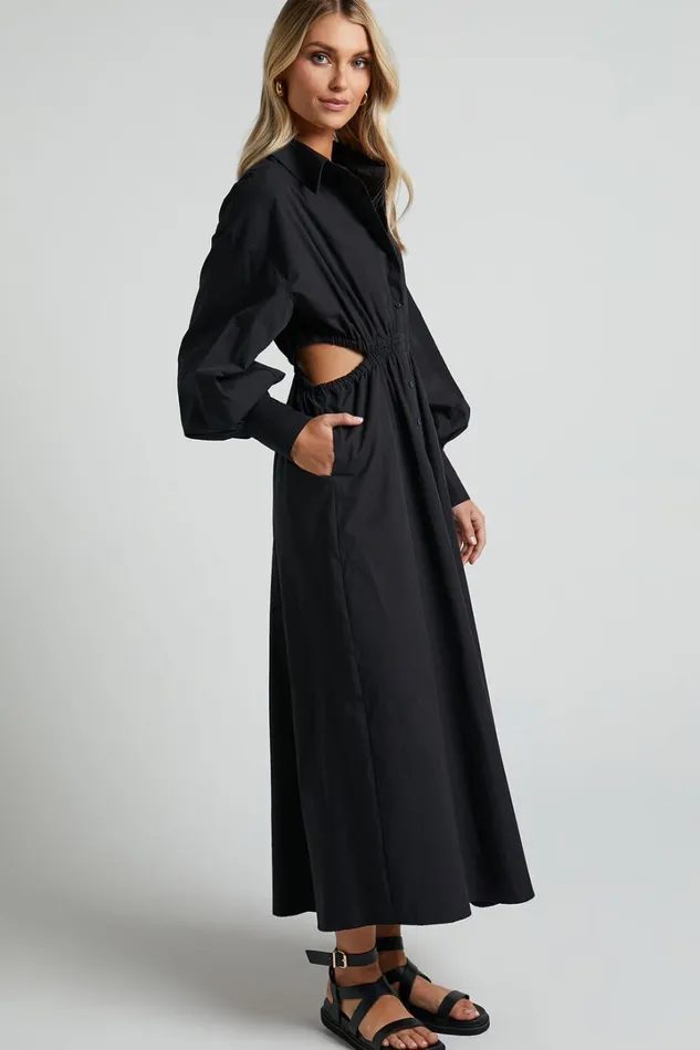 Merabelle Midi Dress 8211 Side Cut Out Collared Long Sleeve Shirt Dress In Black Women Showpo Curve Clothes