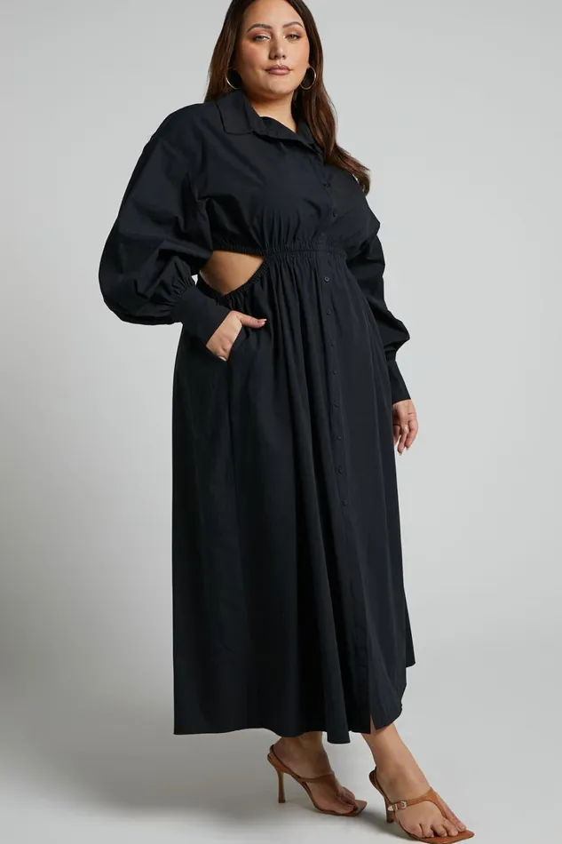 Merabelle Midi Dress 8211 Side Cut Out Collared Long Sleeve Shirt Dress In Black Women Showpo Curve Clothes