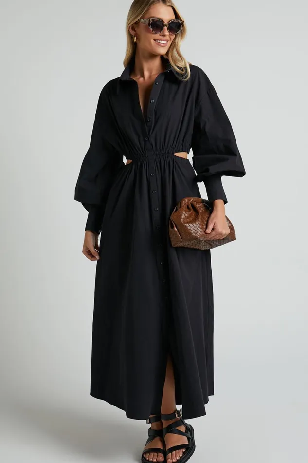 Merabelle Midi Dress 8211 Side Cut Out Collared Long Sleeve Shirt Dress In Black Women Showpo Curve Clothes