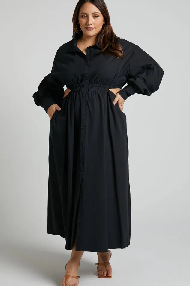 Merabelle Midi Dress 8211 Side Cut Out Collared Long Sleeve Shirt Dress In Black Women Showpo Curve Clothes
