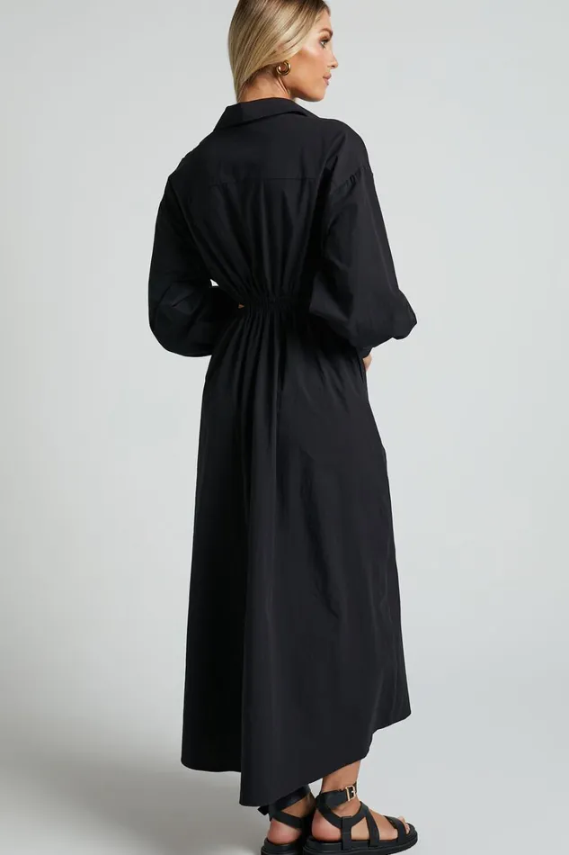 Merabelle Midi Dress 8211 Side Cut Out Collared Long Sleeve Shirt Dress In Black Women Showpo Curve Clothes