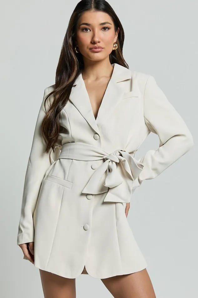 Mhina Mini Dress 8211 Waist Tie Blazer Dress In Stone Women Showpo Dresses