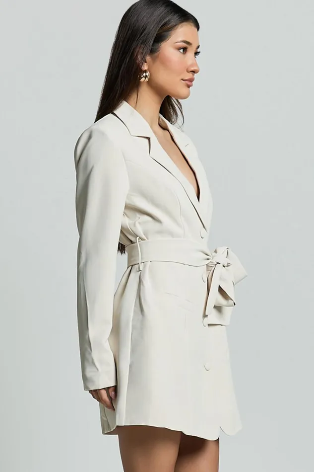 Mhina Mini Dress 8211 Waist Tie Blazer Dress In Stone Women Showpo Dresses