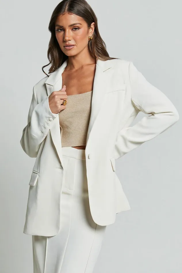 Michelle Blazer 8211 Oversized Plunge Neck Button Up Blazer In Stone Women Showpo Blazers