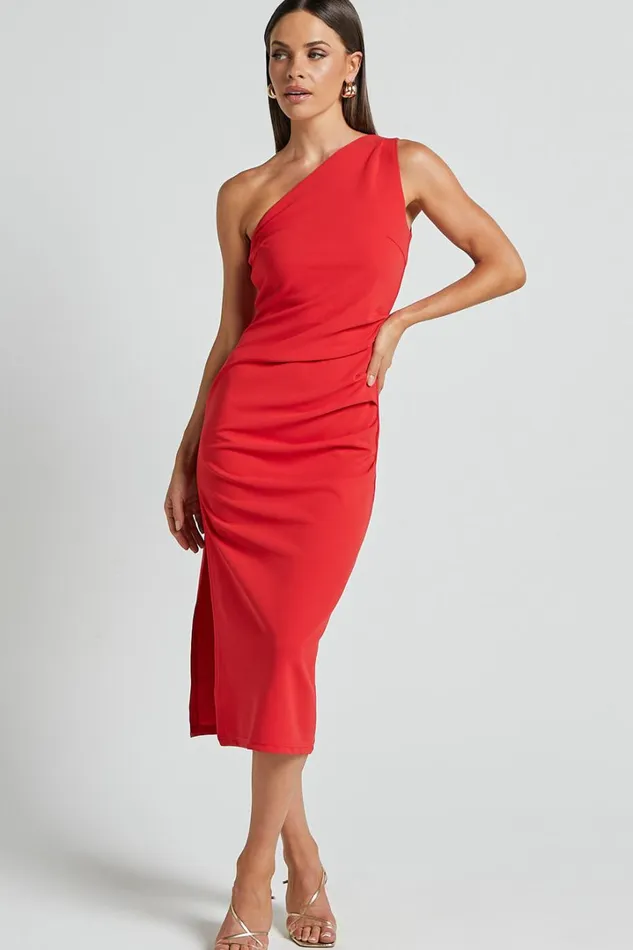 Monette Midi Dress 8211 One Shoulder Straight Dress In Orange Red Women Showpo Dresses