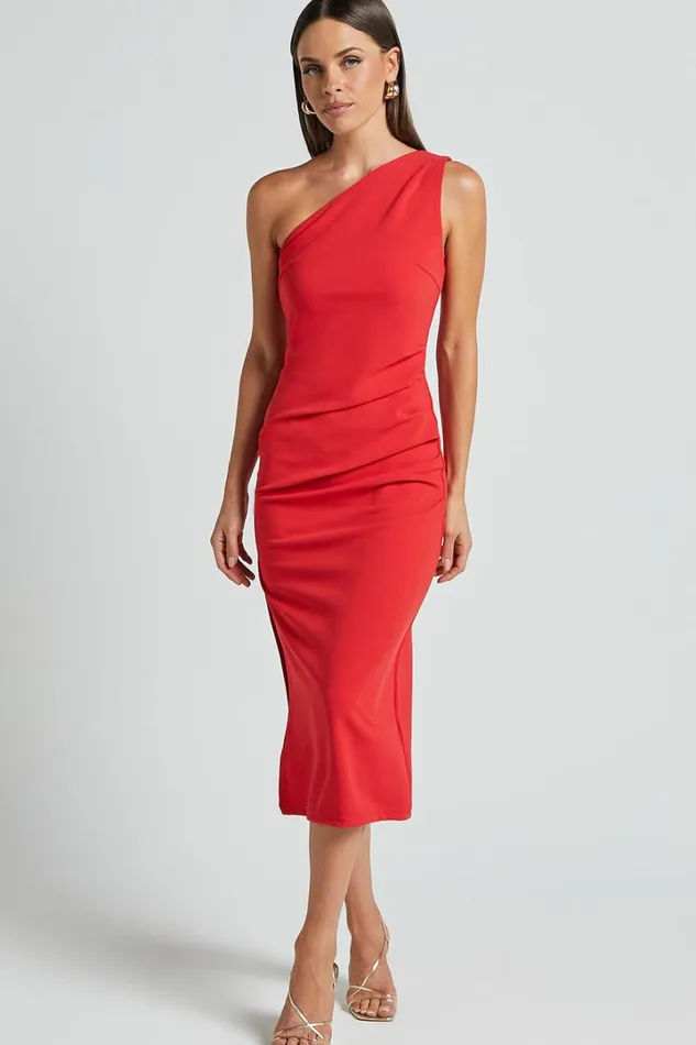 Monette Midi Dress 8211 One Shoulder Straight Dress In Orange Red Women Showpo Dresses