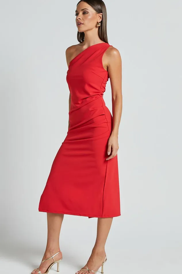 Monette Midi Dress 8211 One Shoulder Straight Dress In Orange Red Women Showpo Dresses