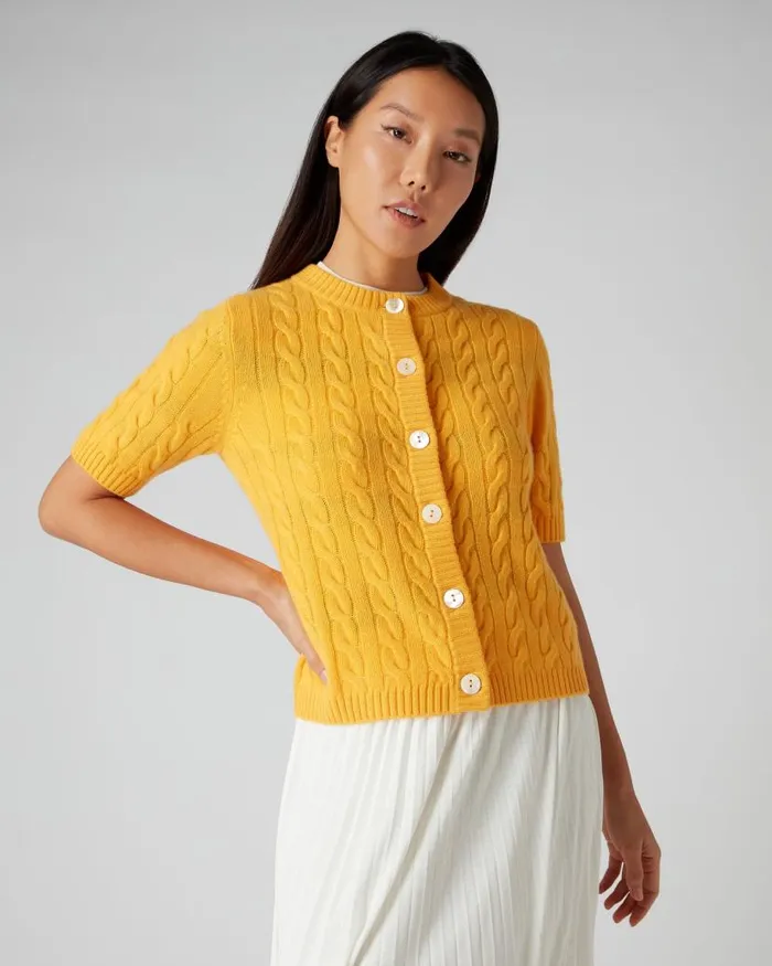 NPeal Cardigans Women Short Sleeve Cable Cashmere Cardigan Satsuma Orange
