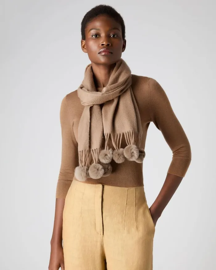 NPeal Cashmere Scarves Women Davos Fur Bobble Cashmere Scarf Dark Tan Brown