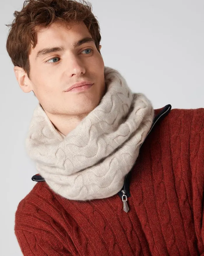 NPeal Cashmere Scarves WomenMen Unisex Cable Cashmere Snood Heather Beige Brown