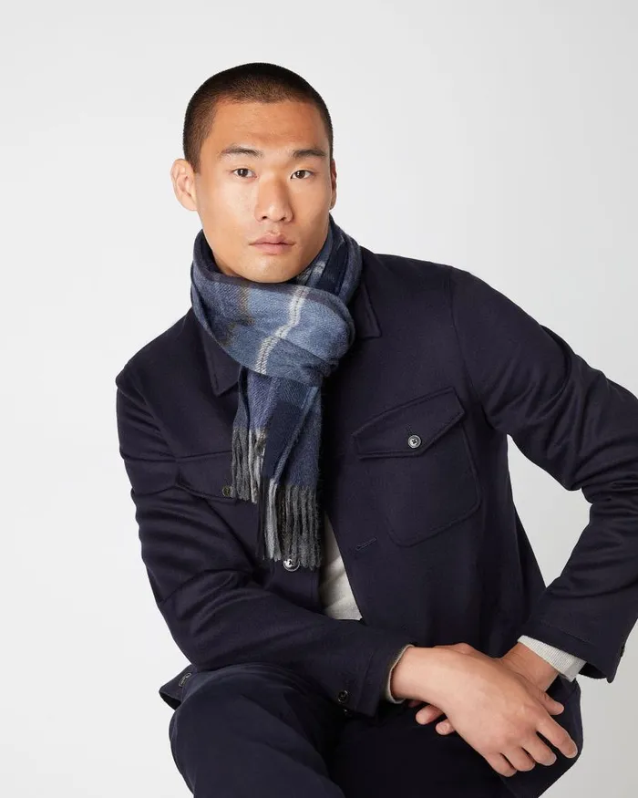 NPeal Cashmere Scarves WomenMen Unisex Cashmere Check Scarf Navy Blue
