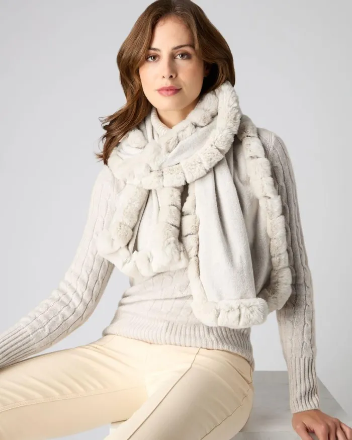 NPeal Cashmere Scarves Women Meribel Woven Fur Trim Scarf Pebble Grey