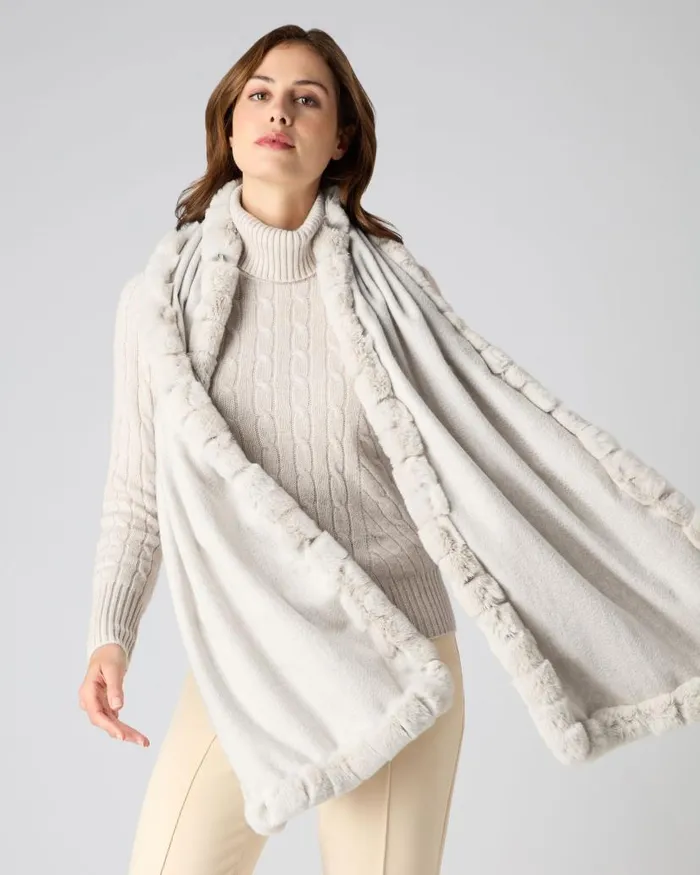 NPeal Cashmere Scarves Women Meribel Woven Fur Trim Scarf Pebble Grey