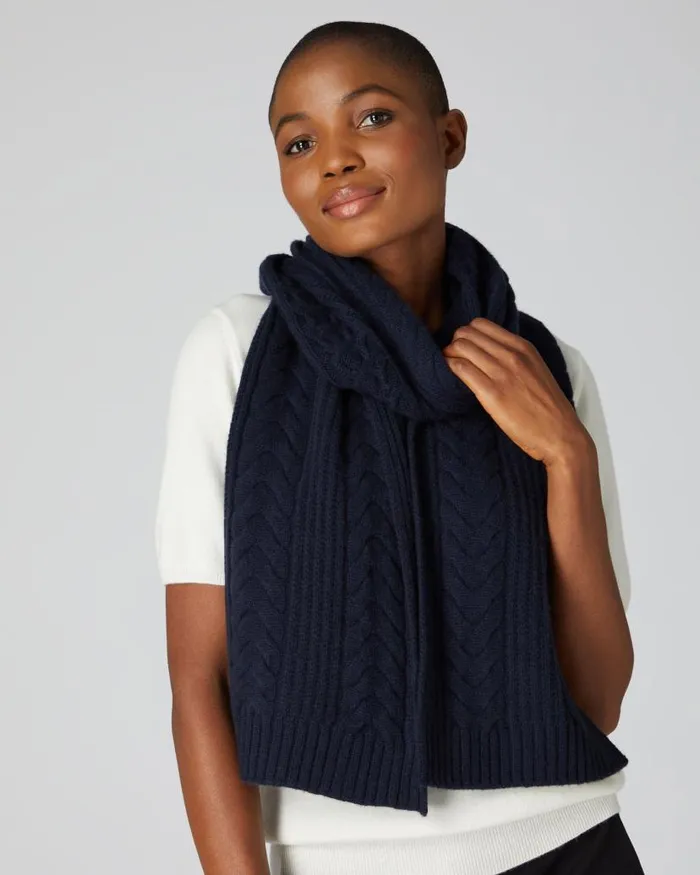 NPeal Cashmere Scarves Women Wide Cable Cashmere Scarf Navy Blue