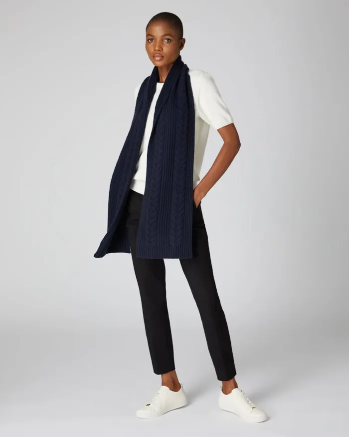 NPeal Cashmere Scarves Women Wide Cable Cashmere Scarf Navy Blue