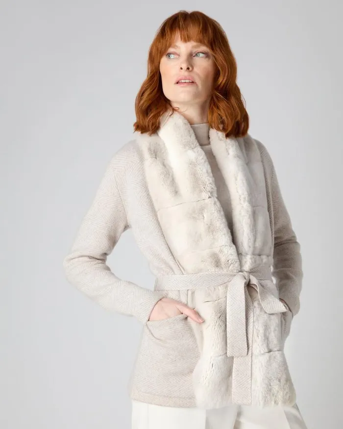 NPeal Coats and Jackets Women Ruby Herringbone Fur Cardigan New Ivory White