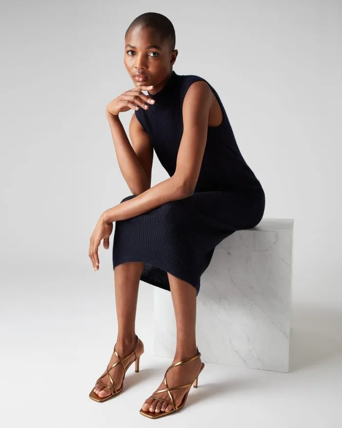 NPeal Dresses and Skirts Women Sleeveless Mock Neck Dress Navy Blue