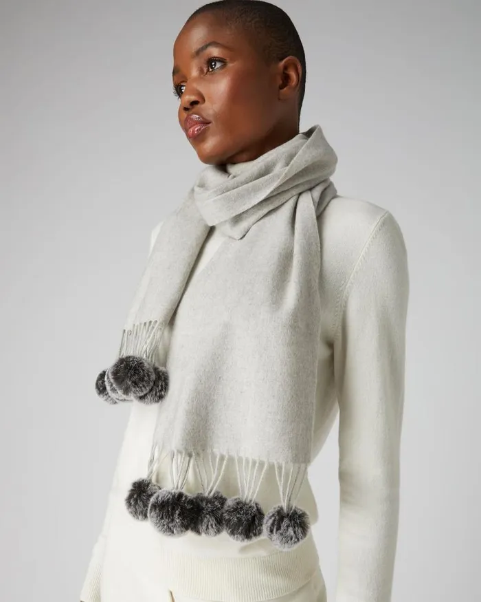 NPeal Fur Poms Women Fur Bobble Woven Cashmere Scarf Fumo Grey