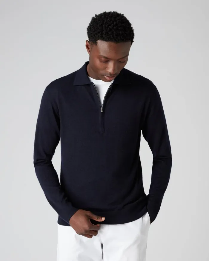 NPeal Half and Full Zip Knitwear Men Fine Gauge Cashmere Half Zip Shirt Navy Blue