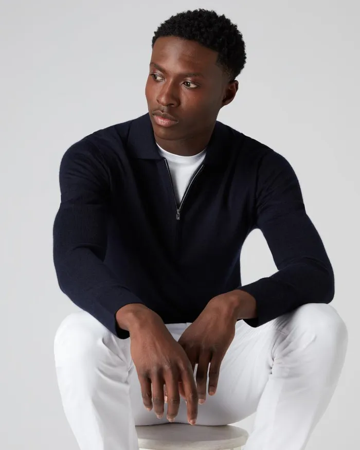 NPeal Half and Full Zip Knitwear Men Fine Gauge Cashmere Half Zip Shirt Navy Blue